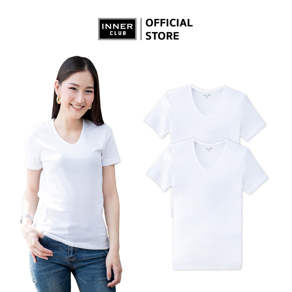 Inner Club เสื้อยืดคอวี ผู้หญิง สีขาว Cotton 100% (แพค 2 ตัว)