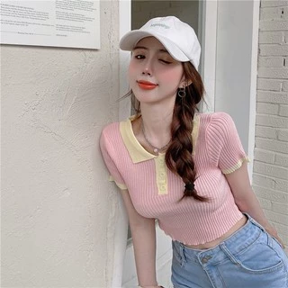 Cicishop(39087)เสื้อครอปแขนสั้นคอปกผ้าไหมพรม มีดีเทลกระดุม สีหวานโทนพาสเทล