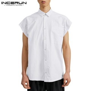 Incerun เสื้อเชิ้ต คอปก แขนกุด ผ้าฝ้าย ลําลอง แฟชั่นสําหรับผู้ชาย มี 3 สี