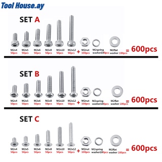 สกรูซ็อกเก็ตสแตนเลส M2 304 600 ชิ้นพร้อมนัท