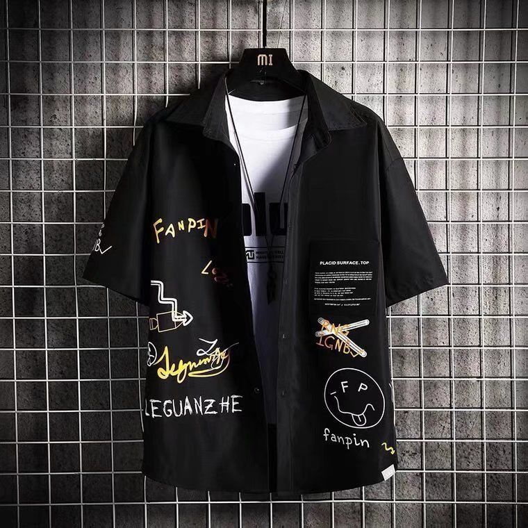 M-3XL เสื้อเชิ้ตผู้ชาย สีดํา สไตล์ญี่ปุ่น วินเทจ แฟชั่นฤดูร้อน เสื้อผู้ชาย