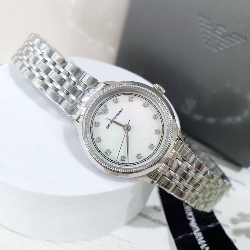 (ผ่อน0%) นาฬิกา Emporio Armani Women's Three-Hand Stainless Steel Watch AR1803 สแตนเลสสีเงิน หน้าปัดเงินประกายมุข 26mm.