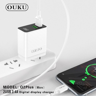 สายชารจ OUKU Q2 PLUS ชาร์จเร็ว ชุดชาร์จพร้อมสาย 3.4A MAX 2USB LED สำหรับ Micro/L/Type c