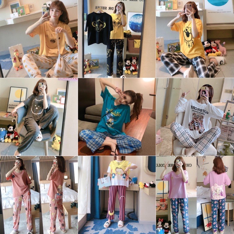 พร้อมส่ง ชุดเซ็ต เสื้อยืดคอกลมกับกางเกงขายาว เอวยางยืด ลายมาใหม่ สุดฮิต
