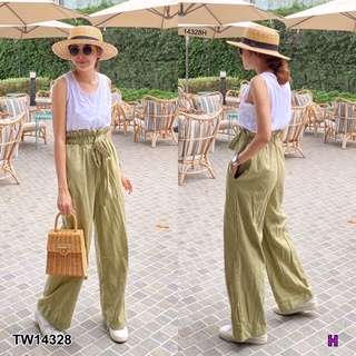 TW14328  Set 2 ชิ้น เสื้อกล้าม ผ้ายืดคอตตอน กับกางเกงขายาว เอวสม็อก กางเกงผ้าลินินเนื้อดีเนื้อนิ่ม มีกระเป๋าข้างสองข้าง