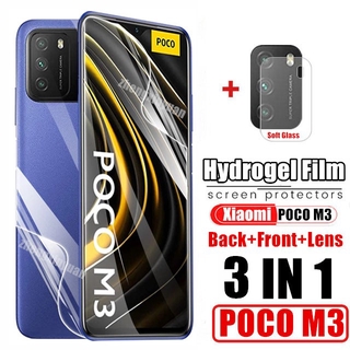 3in1 ฟิล์มไฮโดรเจล กันรอยหน้าจอ Xiaomi MI Poco M3 Screen Protector On Xiaomi กล้องหลัง ฟิล์มกระจกกันรอย Pocophone Poco M3 Pocom3 ฟิล์มไฮโดรเจลกันรอย Full Cover Protective Front Film Camera Lens Protector