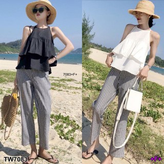 TW7083  Set 2 ชิ้น เสื้อสายเดี่ยวแต่งระบายชั้นๆ +กางเกงขายาวลายสก๊อต **สอบถามสินค้าก่อนสั่งซื้อ