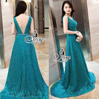 Sevy diamond emerald V-Neck glitter gala maxi dress