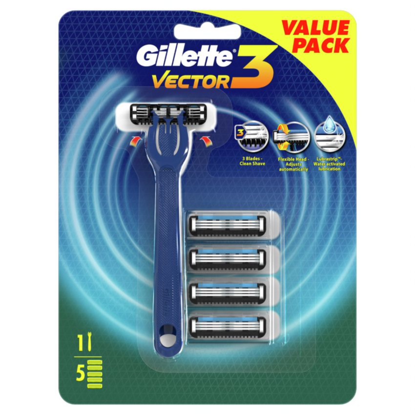 ยิลเลตต์ เวคเตอร์ ทรี ด้ามมีดโกน+ใบมีดโกน 5 ชิ้น GILLETTE VECTOR 3 RAZOR & REPLACEMENT CARTRIDGES 5S