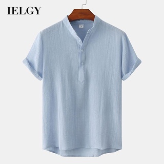 Ielgy เสื้อเชิ้ตลําลอง คอวี กระดุมสามเม็ด สีพื้น สําหรับผู้ชาย