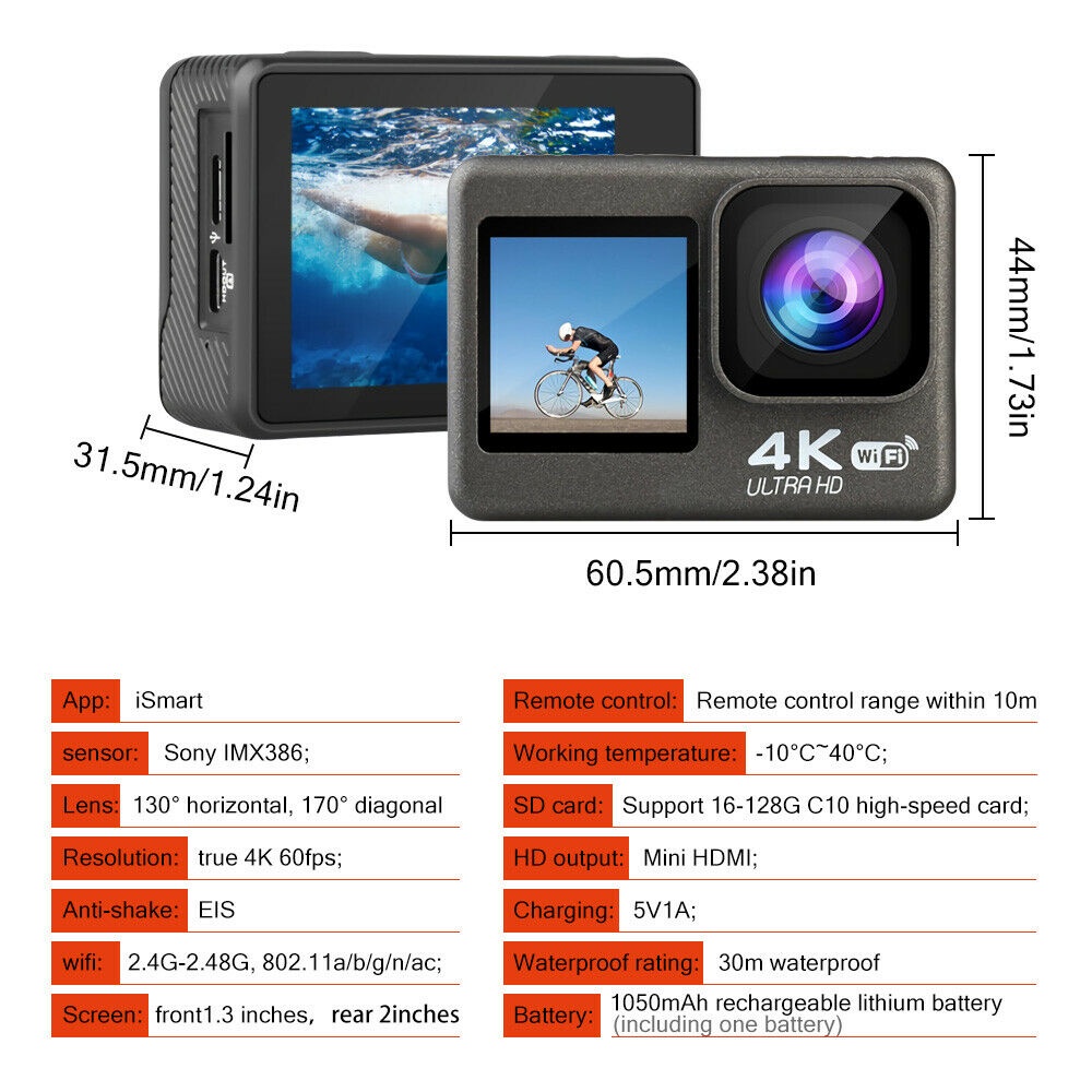 Nanotech กล้องกันน้ำ ถ่ายใต้น้ำ พร้อมรีโมท ระบบกันสั่นครบ 4K Ultra HD waterproof WIFI แถมฟรี ไมค์และรีโมท - สีดำ 4K