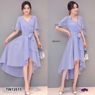 TwinsShopVip💗พร้อมส่ง TW12615 Dress เดรสลายริ้วหน้าสั้นหลังยาว + สายผูกเอว