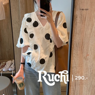 RUCHI✨✨ เสื้อลายจุด BIG BLACK DOT เสื้อขาวเนื้อผ้าคอตตอนย่นๆ ผ้าโปร่ง เบา สบาย ไม่ร้อน แต่งระบาย แขนบอลลูน อำพรางแขน