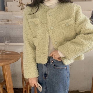 พร้อมส่ง เสื้อกันหนาวทรงโค้ทสั้นคอกลมแขนยาวผ้าขนแกะเทียมสีเขียว ทรงมินิไซซ์ สีน่ารักมาก ผ้าหนามีซับใน งานป้ายคุณภาพดีค่ะ