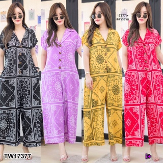 J17377 จั๊มสูทขายาว #สาวอวบ ผ้าพิมพ์ลาย Long-legged jumpsuit #chubby girl printed fabric