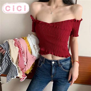 CICISHOP 🍓พร้อมส่ง🍍เสื้อไหมพรมปาดไหล่ ดีไซน์ไขว้หน้า หวานปนเช็กชี่(C383)