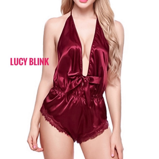 Lucy Blink ชุดนอนขาสั้นผูกคอเปิดหลัง สีแดงไวน์ sexy แบบมี Style (G01)