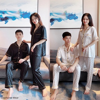 Lattic Design Silk Satin pajama terno Couple Pajamas  couple Classic Plaid Cardigan Men And Women Short Sleeve Sleepwear Black And White Turndown Collar Nightwear 丝质情侣睡衣 StayHome Wear