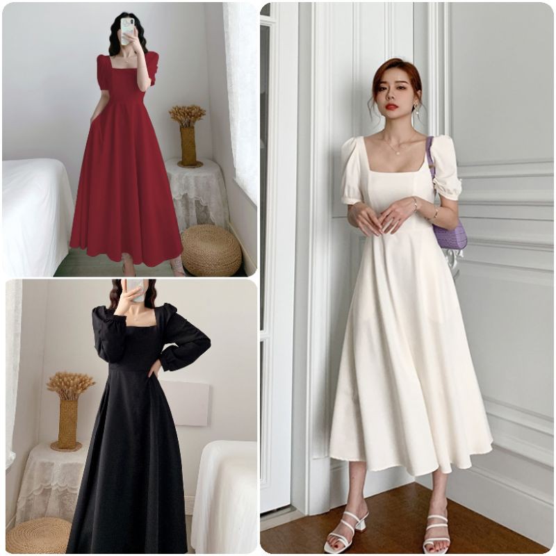 D037 พร้อมส่ง 3สี เดรสกระโปรงสีเรียบ ชุดพรีเวดดิ้ง เดรสงานแต่ง ชุดเจ้าสาวมินิมอล ชุดงานศพ