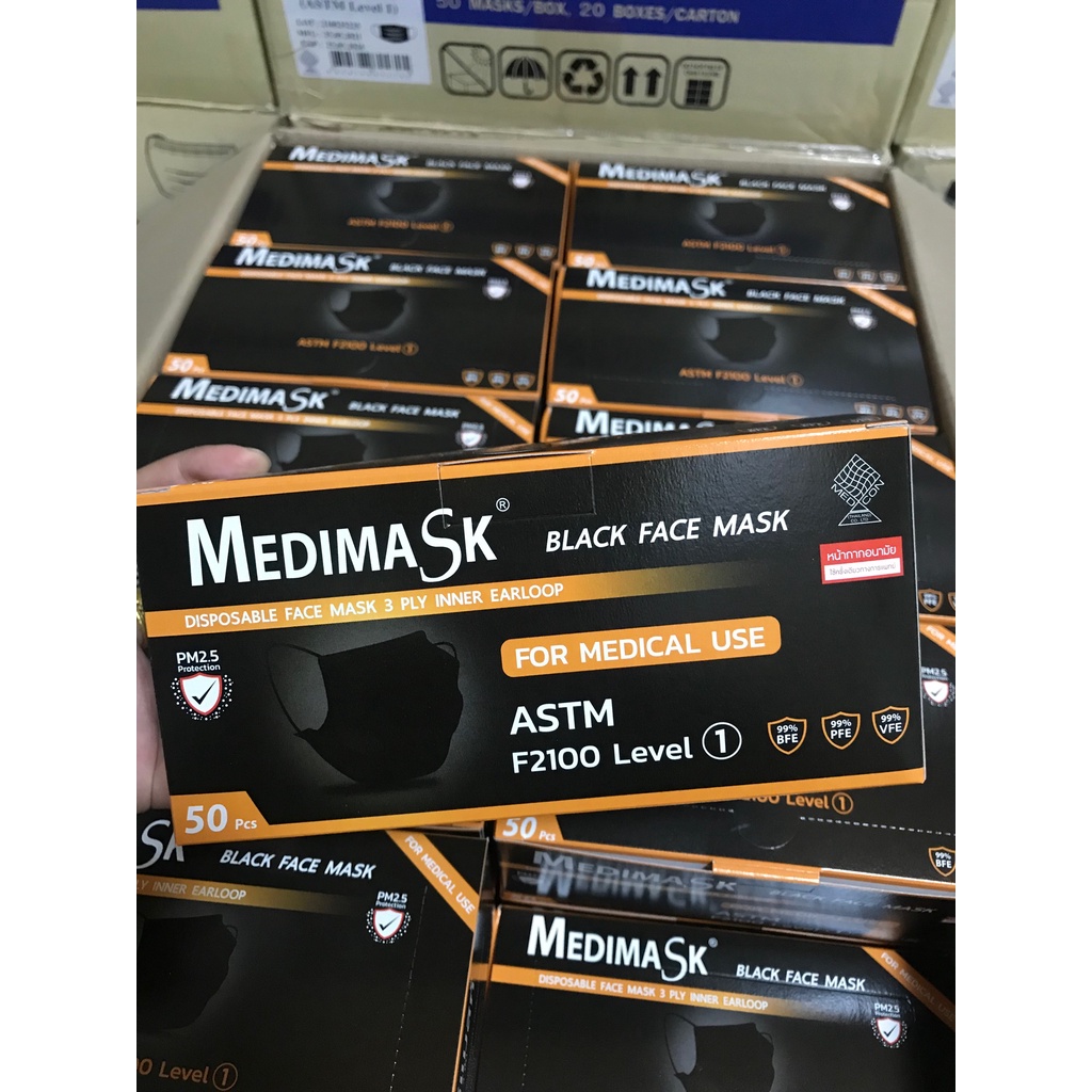 Medimask x1box. 🖤สีดำ บรรจุ 50 ชิ้น (ใช้ทางการแพทย์) LV.1 พร้อมส่ง💯