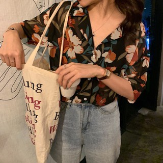 เสื้อแขนสั้น ผ้าชีฟอง พิมพ์ลายดอกไม้ แฟชั่นสำหรับผู้หญิง