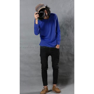 เสื้อยืดแฟชั่น ผู้ชาย T-Shirt Cotton 100% คอกลม แขนยาว สีน้ำเงิน