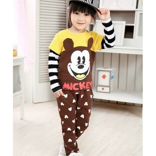 พร้อมส่ง ชุดนอนเด็ก แขนขายาว ลาย MICKEY MOUSE  แขนต่อลายริ้ว ผ้านุ่มใส่สบาย