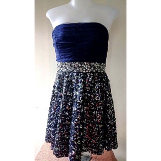Dress เกาะอก สีน้ำเงินเข้ม ช่วงอกผ้าตาข่ายกระโปรงปักเลื่อม Size 9 (อก 36")