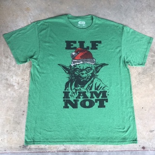 vtg.T-Shirt เสื้อภาพยนตร์ STAR WARS YODA ELF I AM NOT MADE IN HONDURAS Sz.XL 50% COTTON 50% POLYESTER