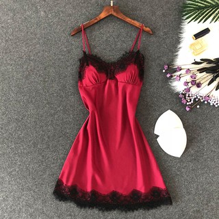 New Women Nightwear Lace V Neck silk Pajamas+chest pad  ชุดนอน สายเดี่ยวผ้าซาตินแต่งลูกไม้แฟชั่น Sexy sleepwear nightdress