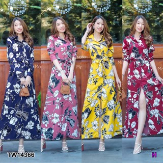 Maxi Dress เดรสเชิ้ตยาว ติดกระดุมด้านหน้า แขนยาว มีโบว์ผูกเอวปรับระดับได้