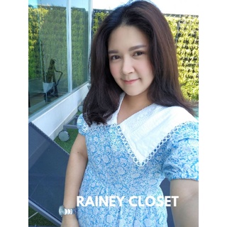 RAINEY CLOSET - Dress ปกฉลุไฮโซ เดรสสีฟ้าลายดอก ปกฉลุ ลุคคุณหนู Style Korea เดรสลายดอก dressลายดอก