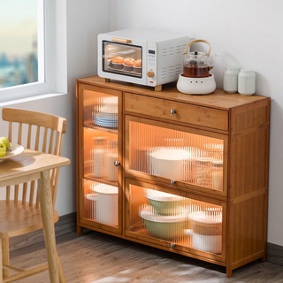 Storage cabinet with door clamshell kitchen rack floor-to-ceiling multi-layer cupboard microwave oven storage rack light