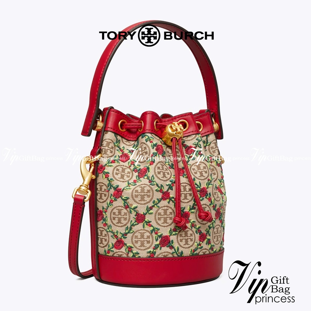Mini : Tory Burch T Monogram Embroidered Mini Bucket Bag Hazelnut กระเป๋าทรงถังขนาดเล็ก เป็นแพทเทิร์นคลาสสิคที่ได้รับแ