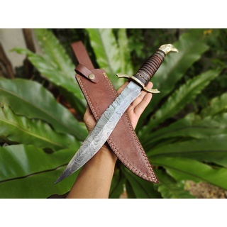 มีดโบวี่ มีดดามัสกัส (Damascus Bowie) มีดใบตาย มีดเดินป่า มีดแคมป์ เหล็กดามัสกัสแท้ ด้ามไม้ ท้ายด้ามนกอินทรี ซองหนังแท้