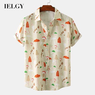 Ielgy เสื้อเชิ้ต แขนสั้น พิมพ์ลาย กระดุมแถวเดียว สไตล์วันหยุด สําหรับผู้ชาย