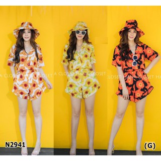 Set 3 ชิ้น #สาวอวบ เสื้อเชิ๊ตครอปคอปก แขนสั้น+กางเกงขาสั้นทรงบาบี้ เอวสูง+หมวกบัคเก็ต