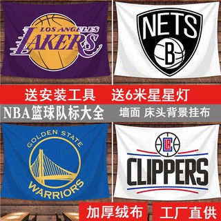 ผ้าตกแต่งห้อง ของตกแต่งห้อง ผ้าแขวน NBA โลโก้ทีมบาสเก็ตบอลพื้นหลังผ้า Lakers Warriors Clippers โลโก้ทีม tapestry tide ผ้