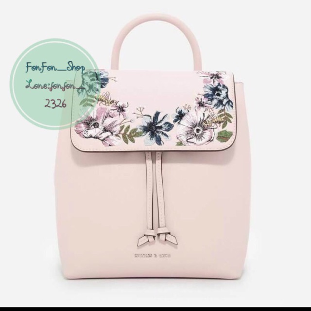 CHARLES &amp; KEITH FRONT FLAP BACKPACK WITH FLOWER กระเป๋าเป้ทรงสวย