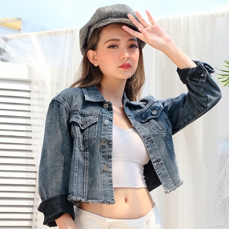 Himiso Crop Jacket กางเกงยีนส์ / ผ้ายีนส์ Unfinished Oversize Pocket Black Acid 134 คุณภาพดี