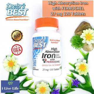 ธาตุเหล็ก High Absorption Iron With Ferrochel  27 mg 120 Tablets - Doctors Best อาหารเสริม บำรุงเลือด