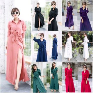 MaxiDress ทรงเชิ้ต+สายผูกโบว์ (งานขายดี)