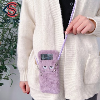 Lushuo เคสป้องกันโทรศัพท์มือถือ ประดับขนปุย และสายโซ่ยาว ประดับไข่มุก สําหรับ Samsung Galaxy Z Flip 3 5G and Z Flip 1 2 Z Flip3 ZFlip3 ZFlip 3