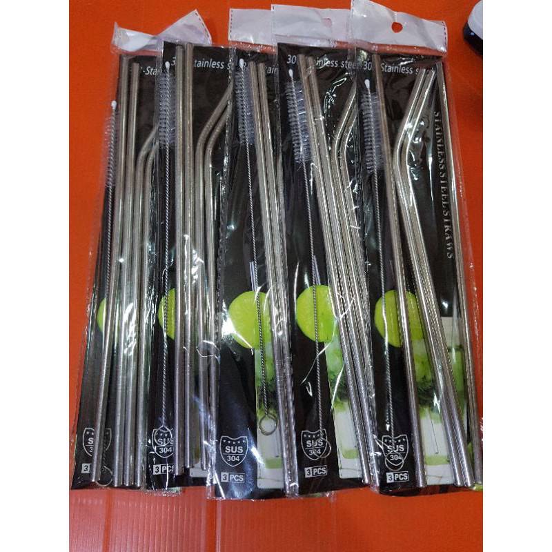 หลอดดูดน้ำ แบบปลอดภัยแสตนเลส สแตนเลส หลอดดูดน้ำพร้อมที่ล้างหลอด2อัน+ แปรงล้างหลอด A43
