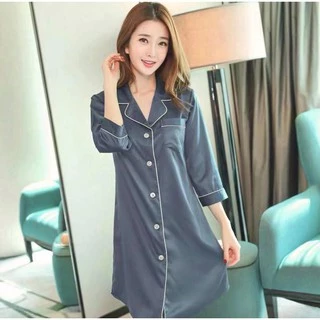 2266 พร้อมส่ง!! ชุดนอนกระโปรงแขน8ส่วน คอปกผ้าซาติน ใส่สบายน่ารักๆ ไม่ร้อนไม่เครืองผิด แถมผ้านิ่มราคาถูก