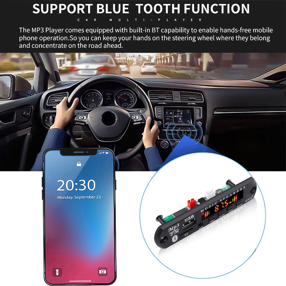 รถ MP3 ไร้สายบลูทูธ 5.0 ถอดรหัส DC 9V 12V เครื่องเล่นเพลงรองรับ WMA USB TF FM