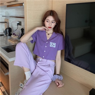 พรีออเดอร์เกาหลี เสื้อครอป กางเกงขายาว สีม่วง