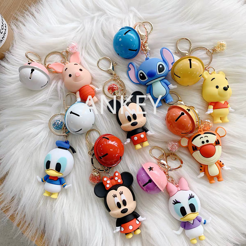 Cute Disney Cartoon Keychain Metallic Pendant Creative Car Key Silicone Chain key Men and Women Girl Keyring Key Ring Bag Ornaments Female Couple Small Gift with bells