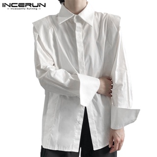 Incerun เสื้อเชิ้ตแขนยาว คอปก สีพื้น สไตล์เกาหลี แฟชั่นสําหรับผู้ชาย