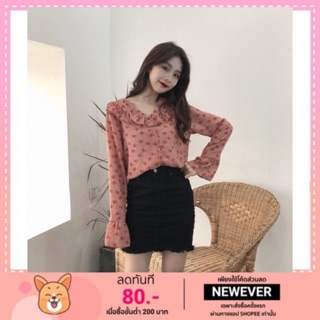 พร้อมส่ง🌸Pink&amp;cream flower shirt เสื้อคอปกผ้าซีฟอง ลายดอกไม้ สไตล์เกาหลีC190